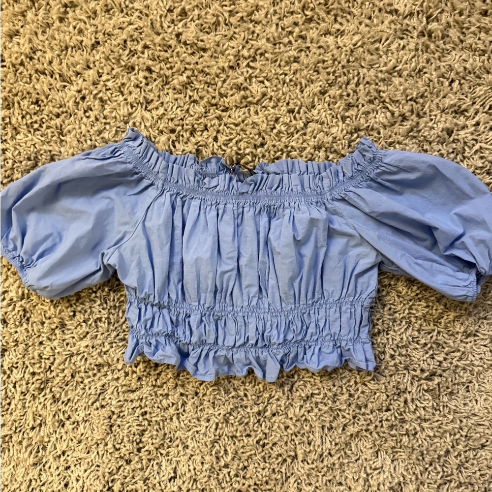 NEW Zara Blue Smocked Crop Blouse